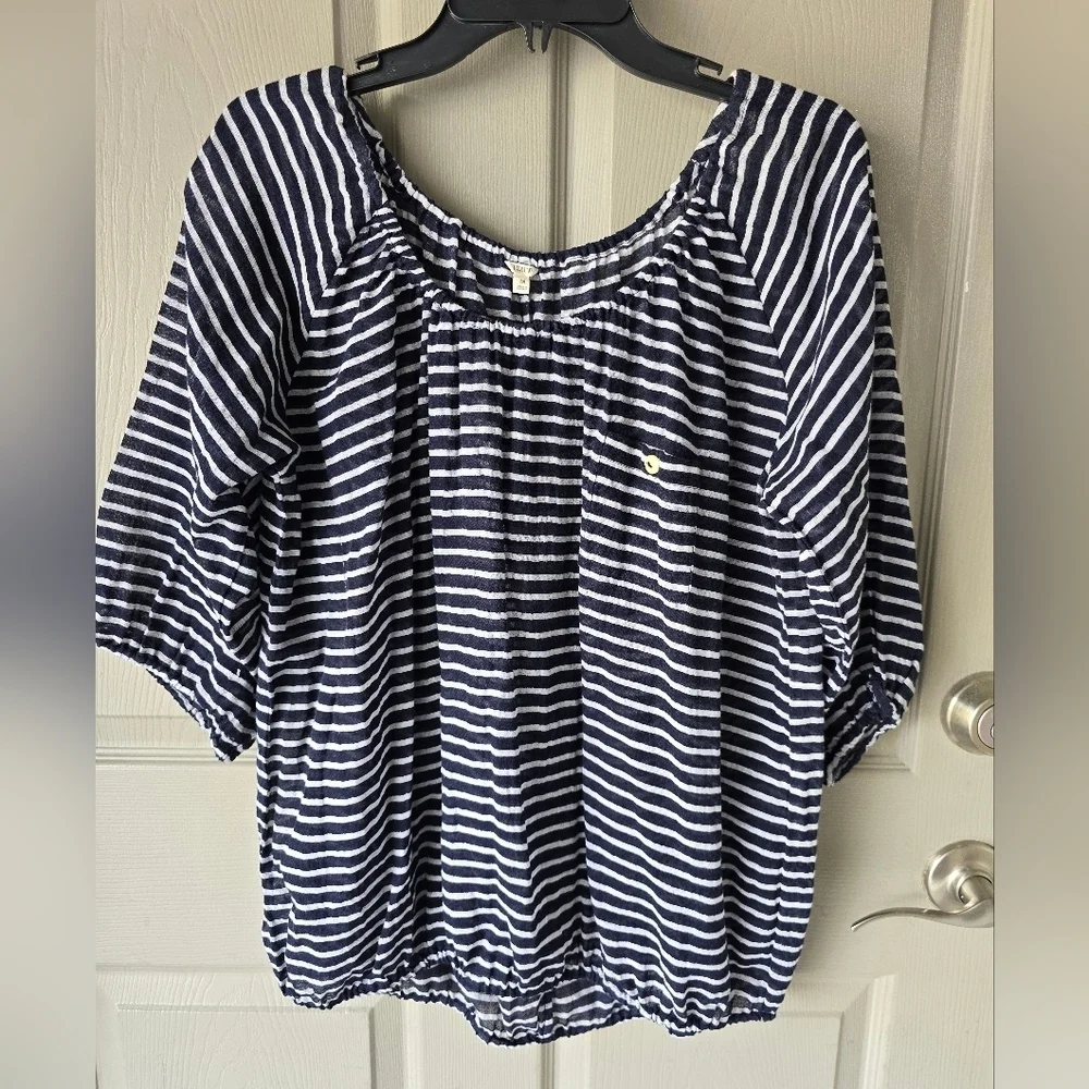 J Crew Sheeer Blouse  Medium Women Navy Blue White Striped Cotton See Thru